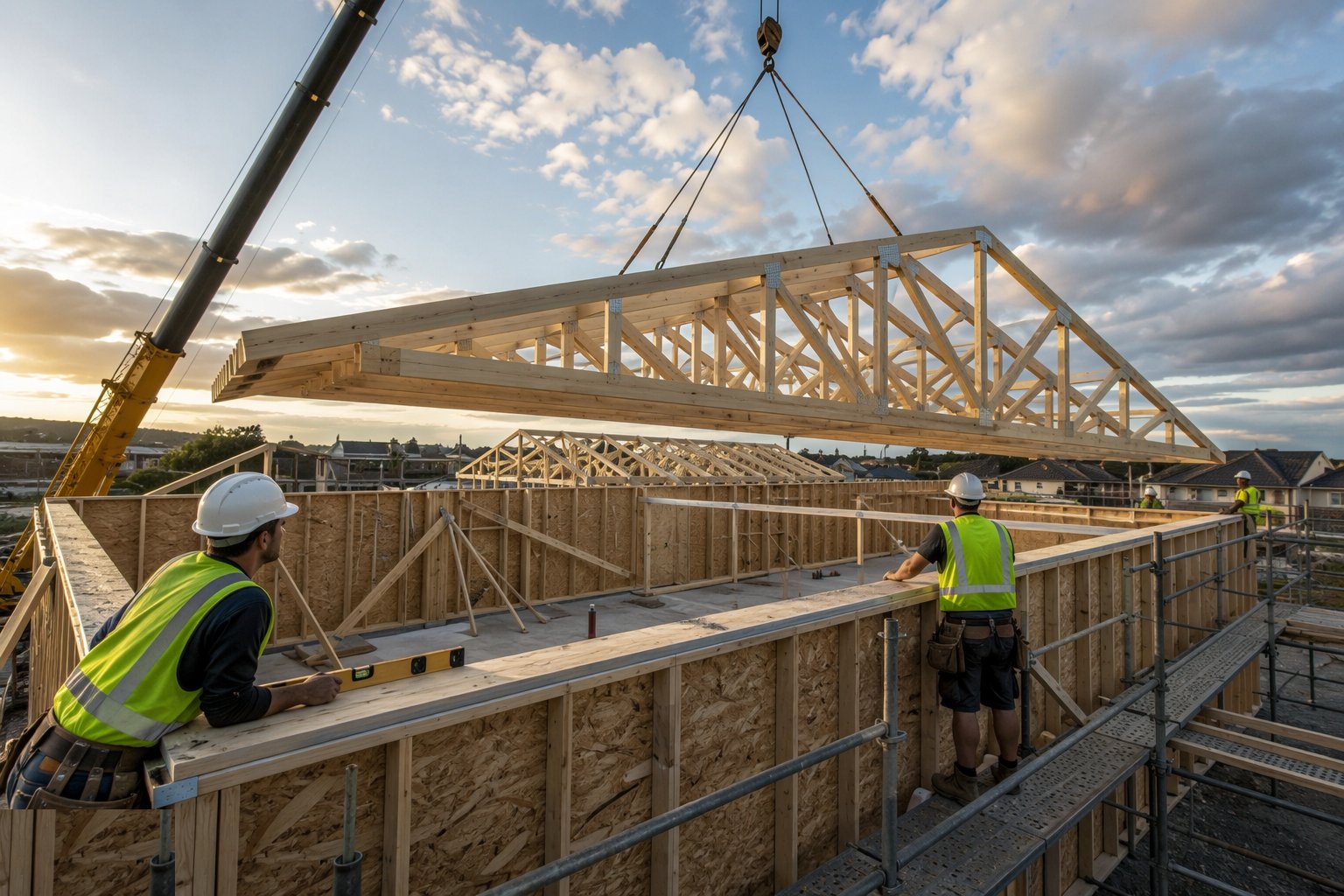 Check the wall plates and lift the trusses — Pitched roofs with trussed rafters, step 1