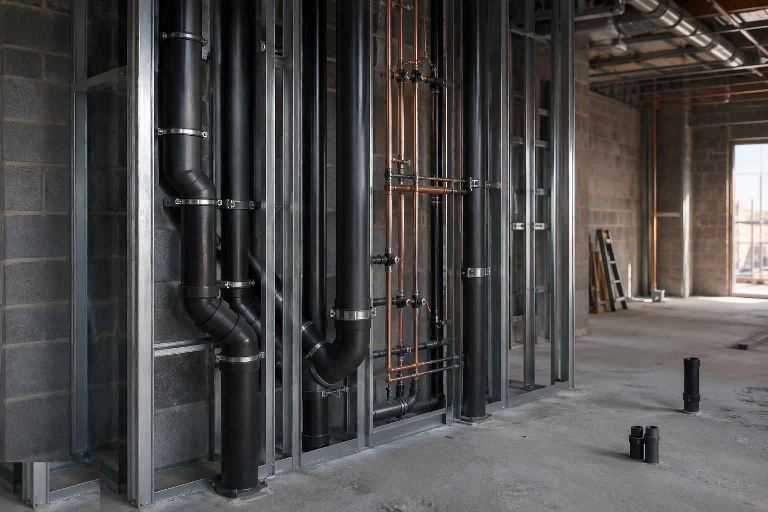 Set the stacks and the falls — Plumbing: soil, waste and supply, step 1