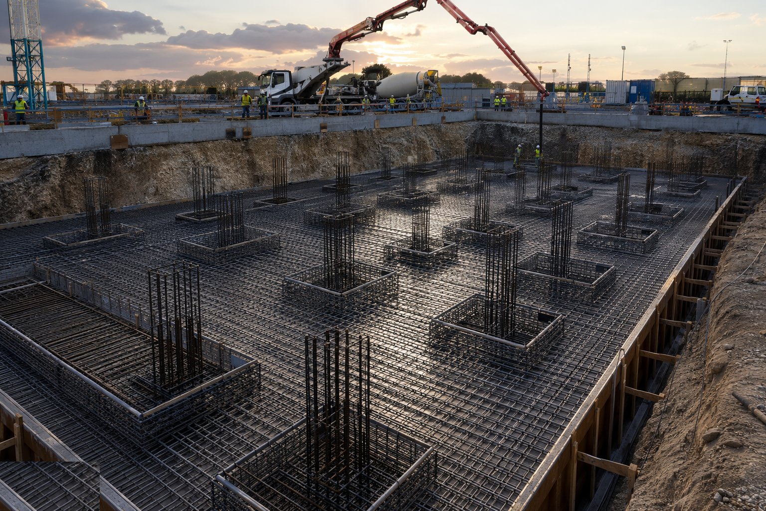 Fix the reinforcement and the thickenings — Raft foundations, step 3