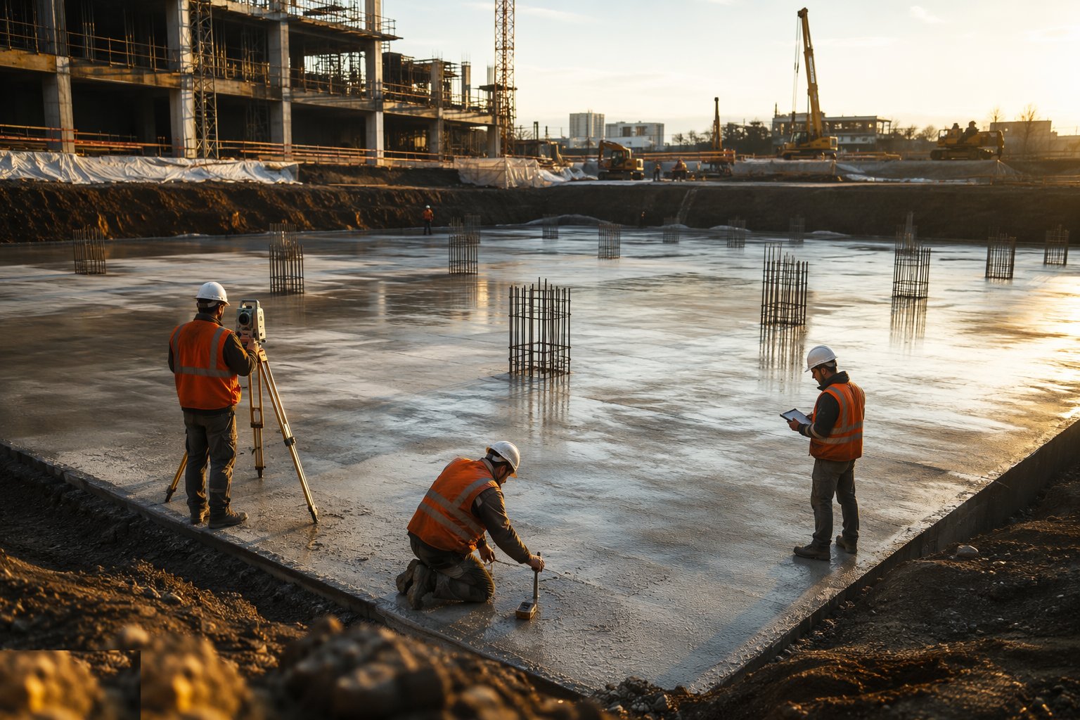 Cure, survey and verify strength before loading — Raft foundations, step 6