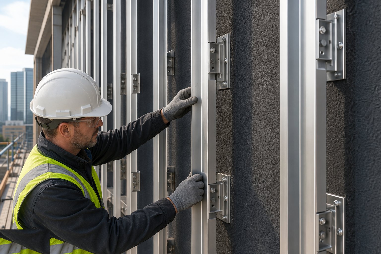 Install brackets and rails true to datum — Rainscreen cladding, step 2