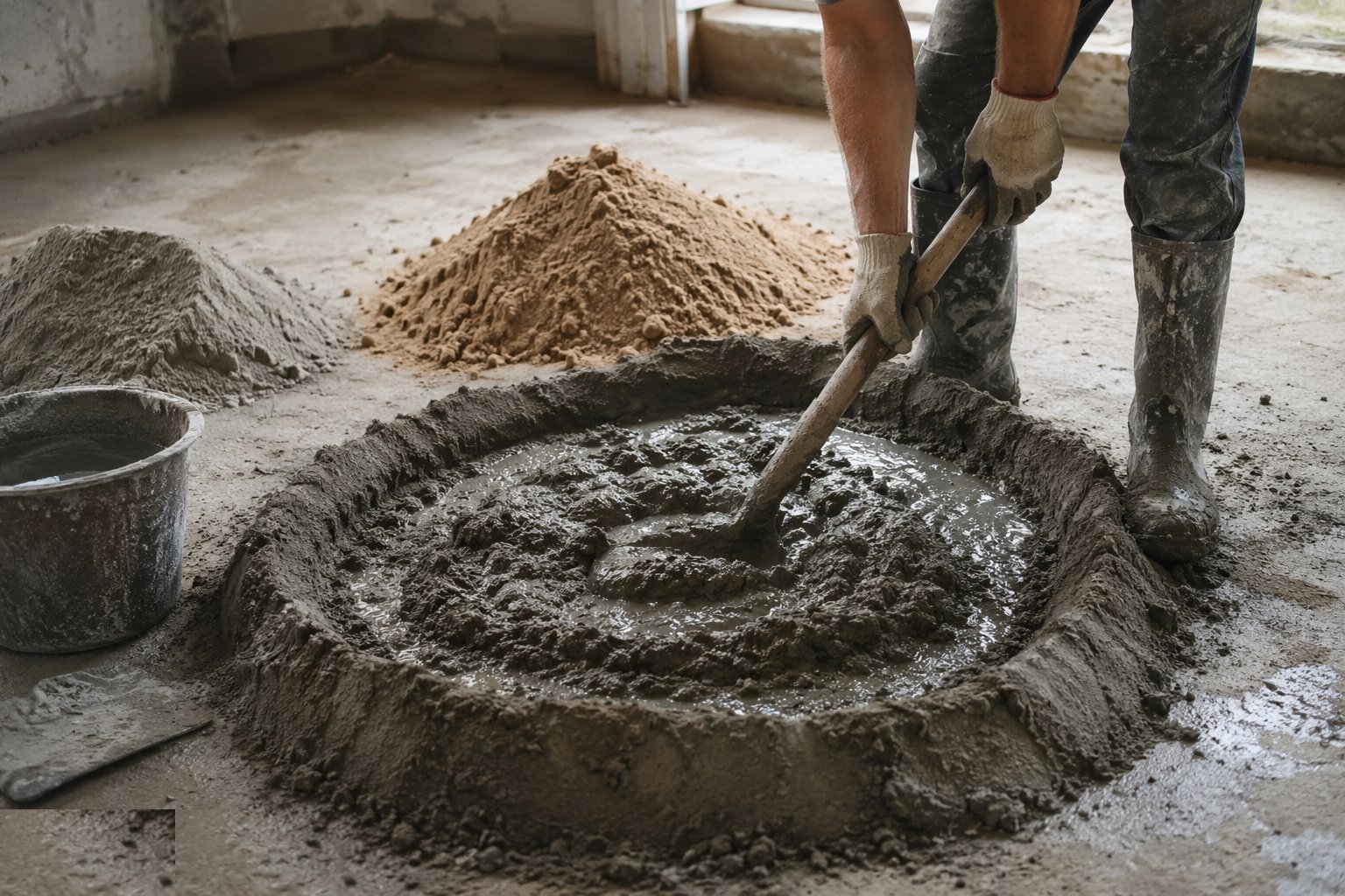 Batch and mix to the specified proportions — Sand-cement screed, step 2