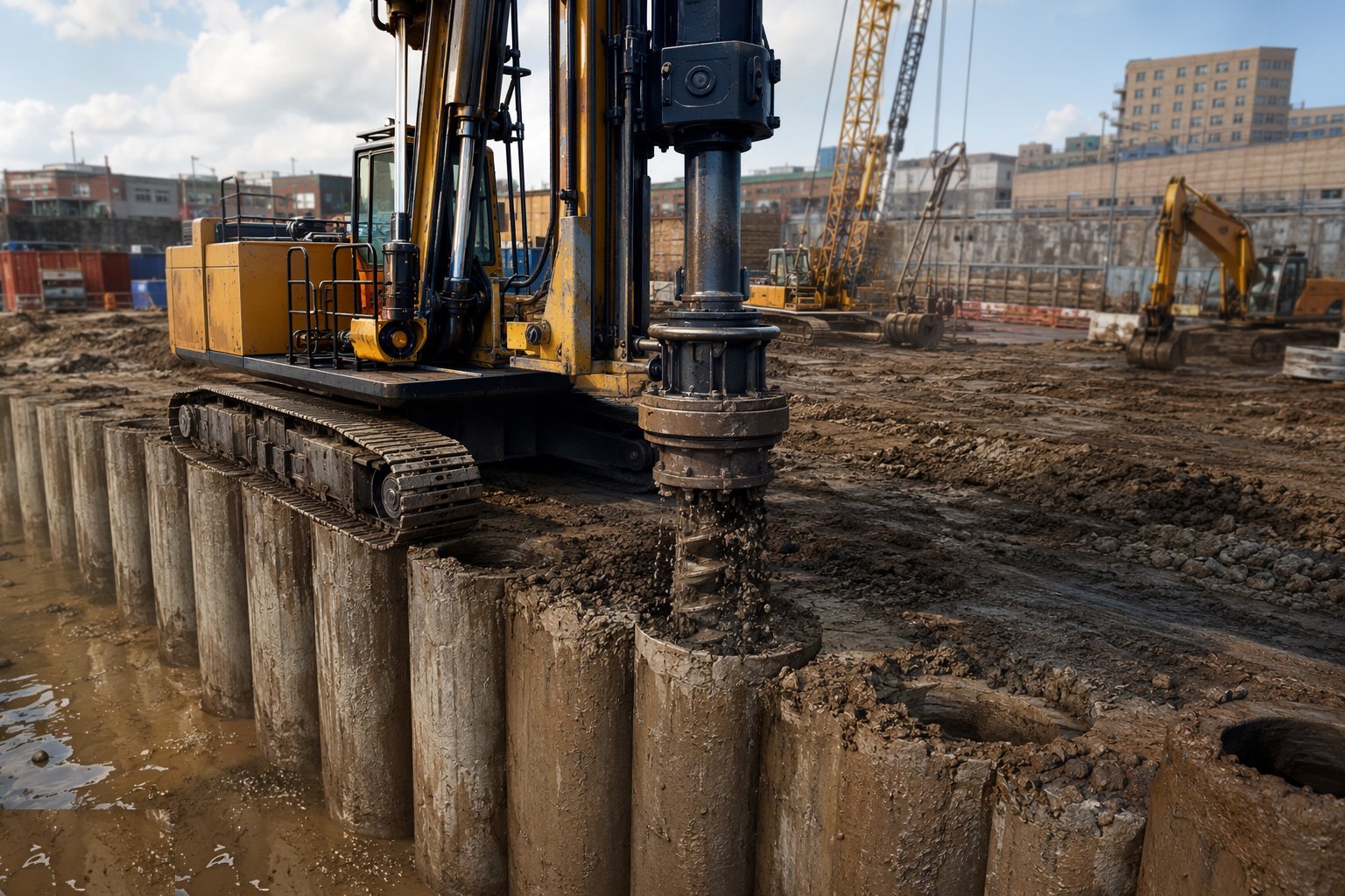 Bore the female (soft) piles — Secant pile walls, step 2
