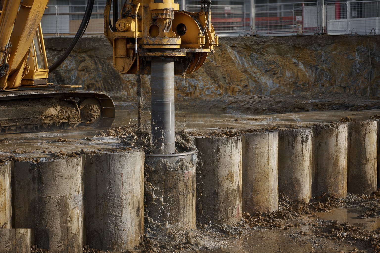Bore the male piles, cutting the secant — Secant pile walls, step 3