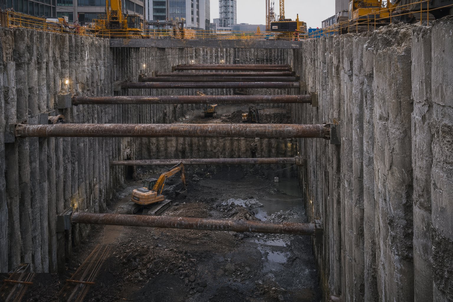 Excavate in staged lifts with propping — Secant pile walls, step 4