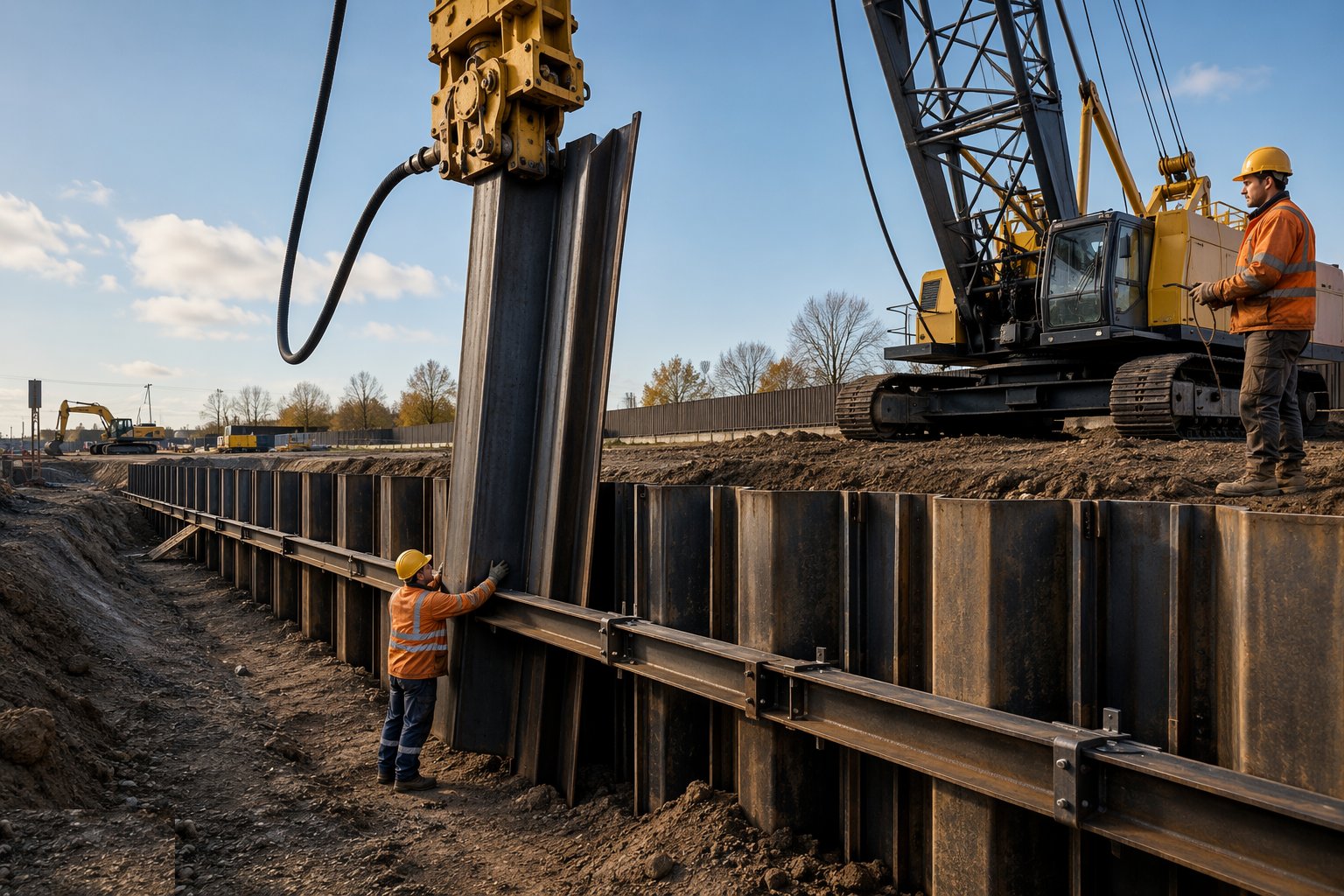 Set the guide frame and pitch the panel — Sheet pile walls, step 1