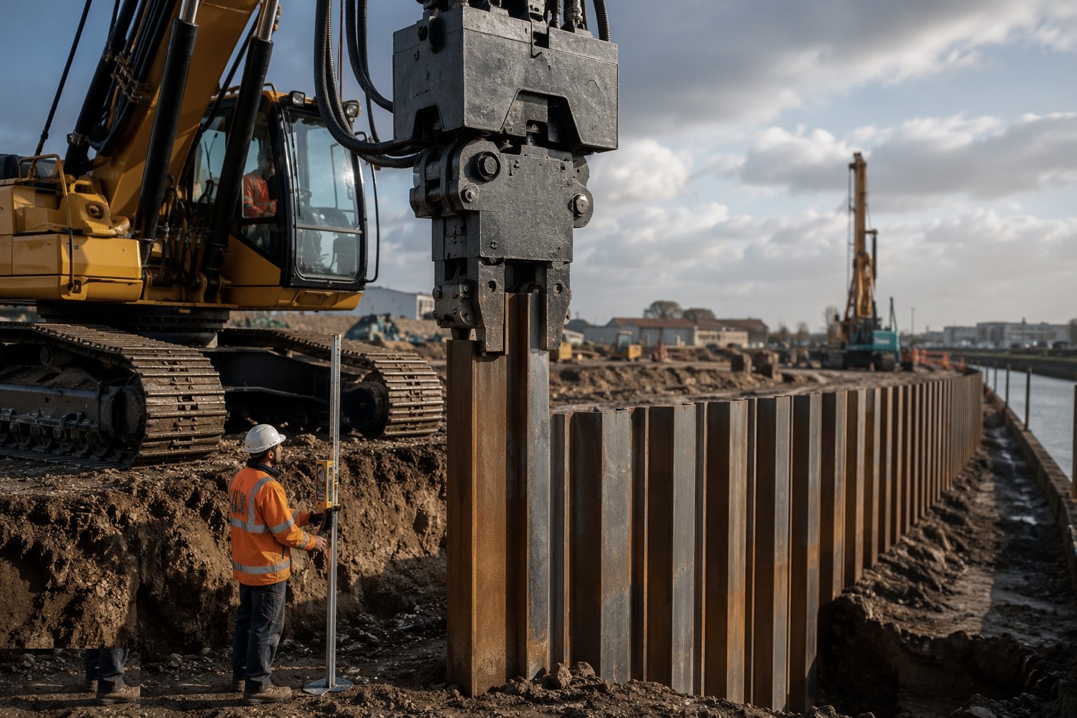 Drive in panels with continuous plumb control — Sheet pile walls, step 2