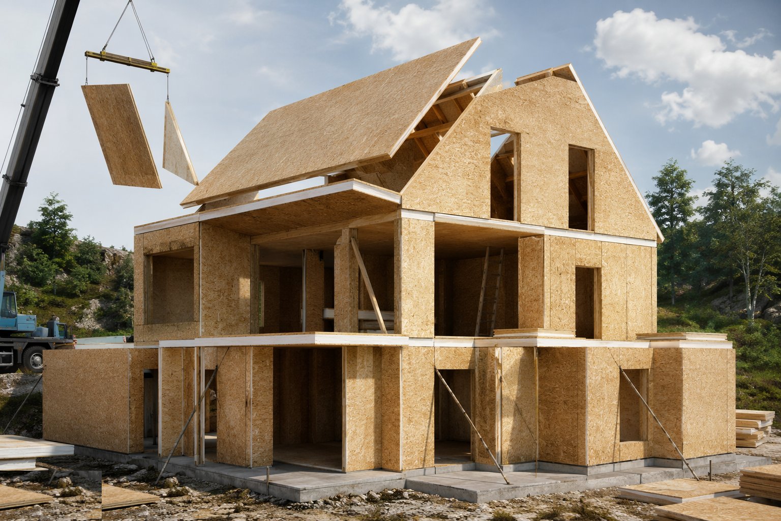 Erect floors and the roof structure — SIPs — structural insulated panels, step 4