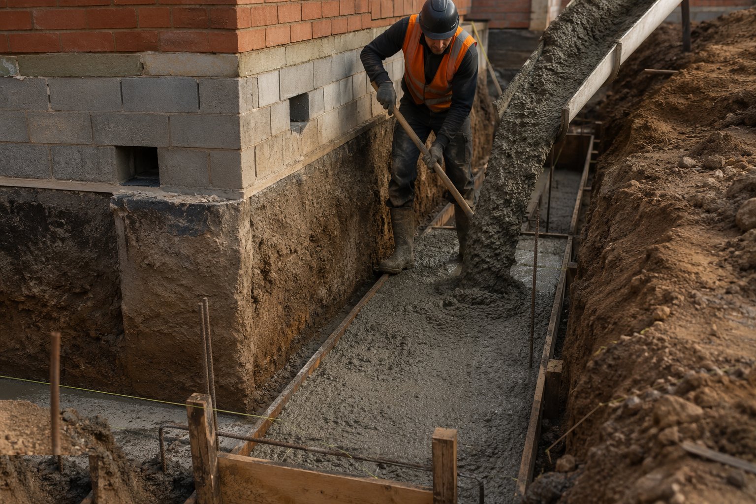 Pour and compact the concrete — Strip foundations, step 5