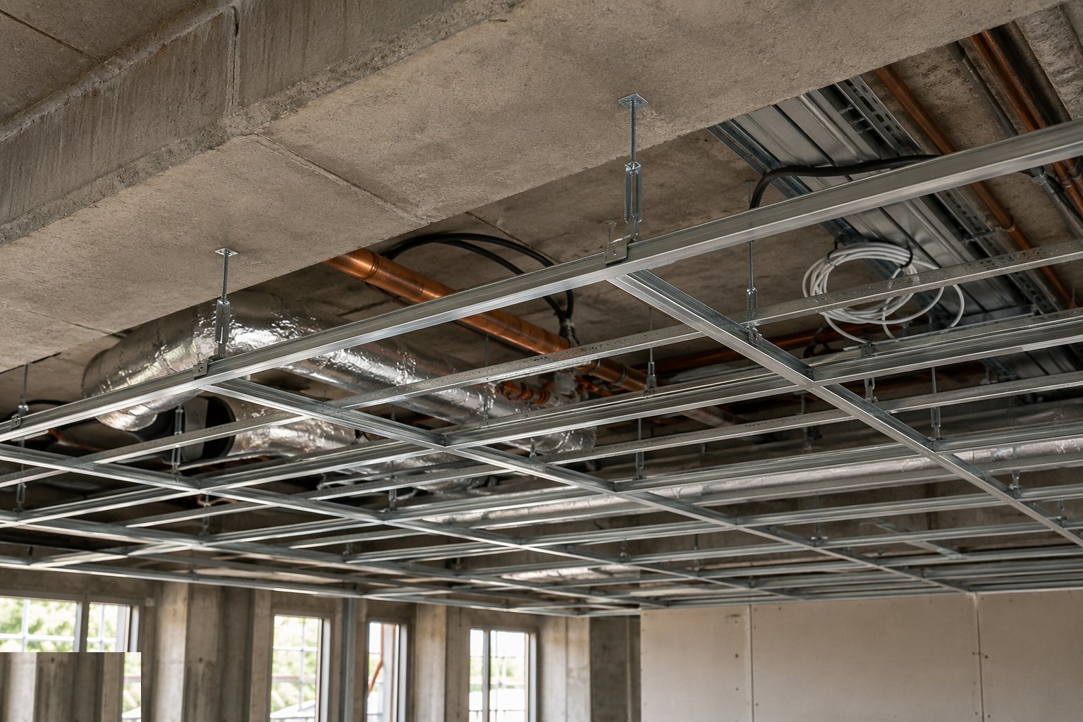 Hang the grid from structure — Suspended and MF ceilings, step 2