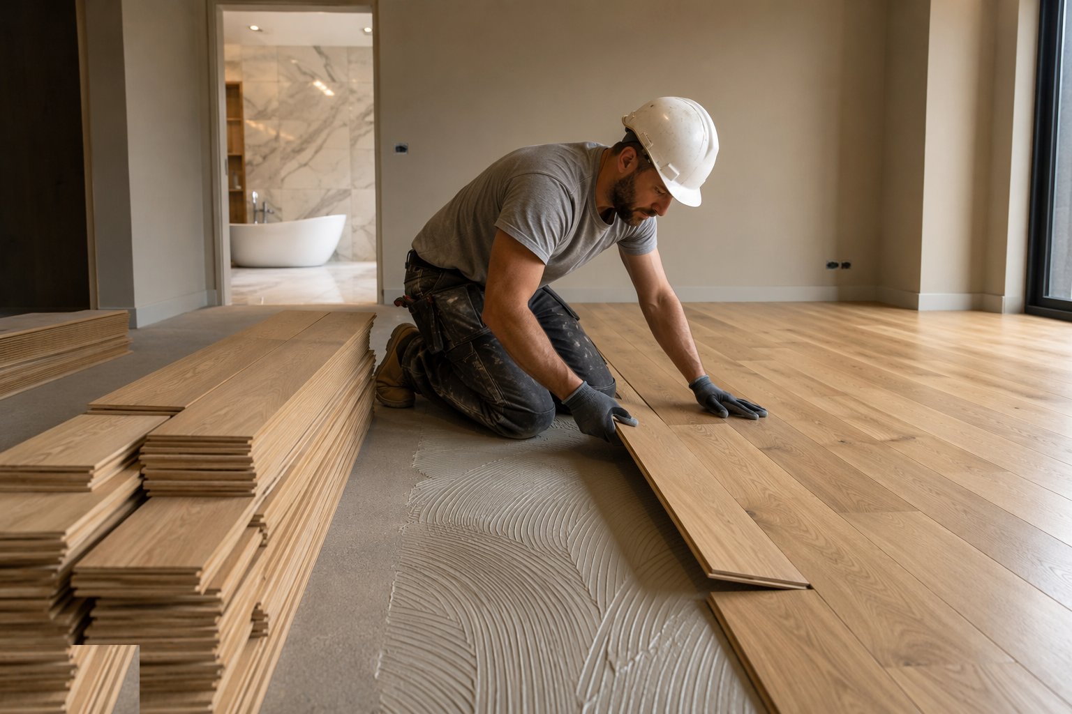Lay the floor finishes — Tiling, flooring and decoration, step 4