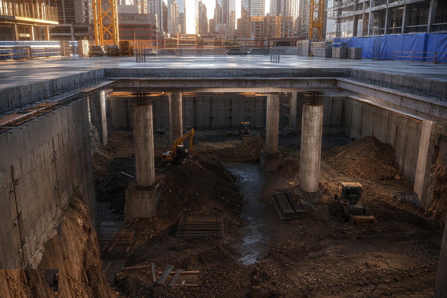 Install the retaining wall and plunge columns — Top-down construction, step 1