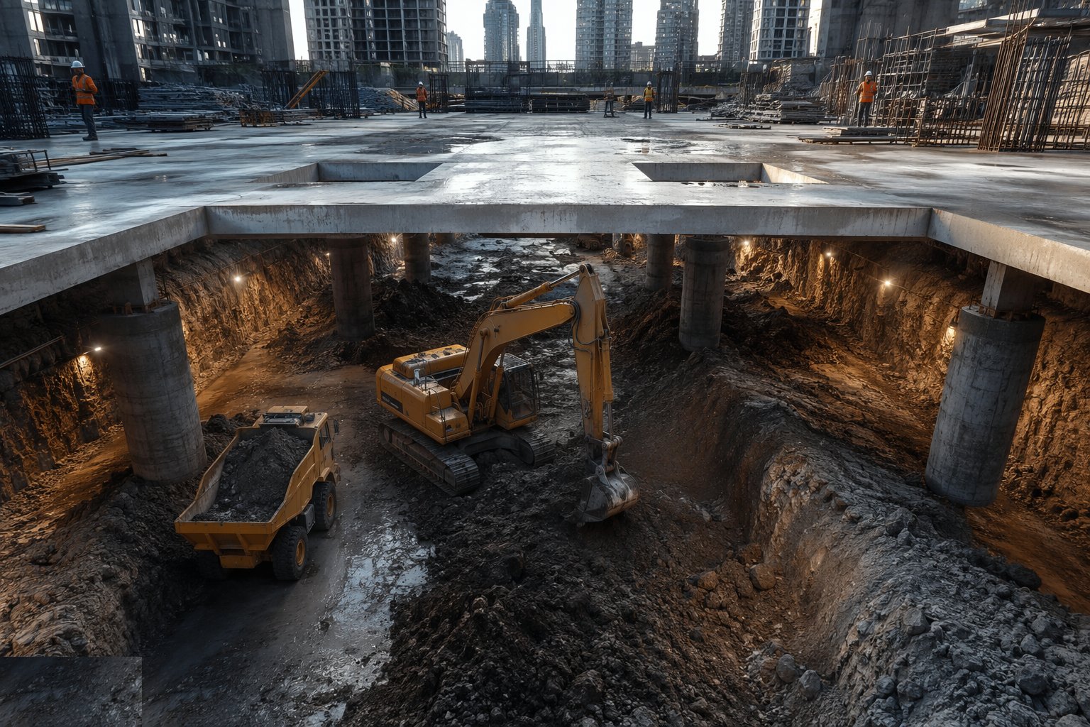 Excavate underneath through the openings — Top-down construction, step 3