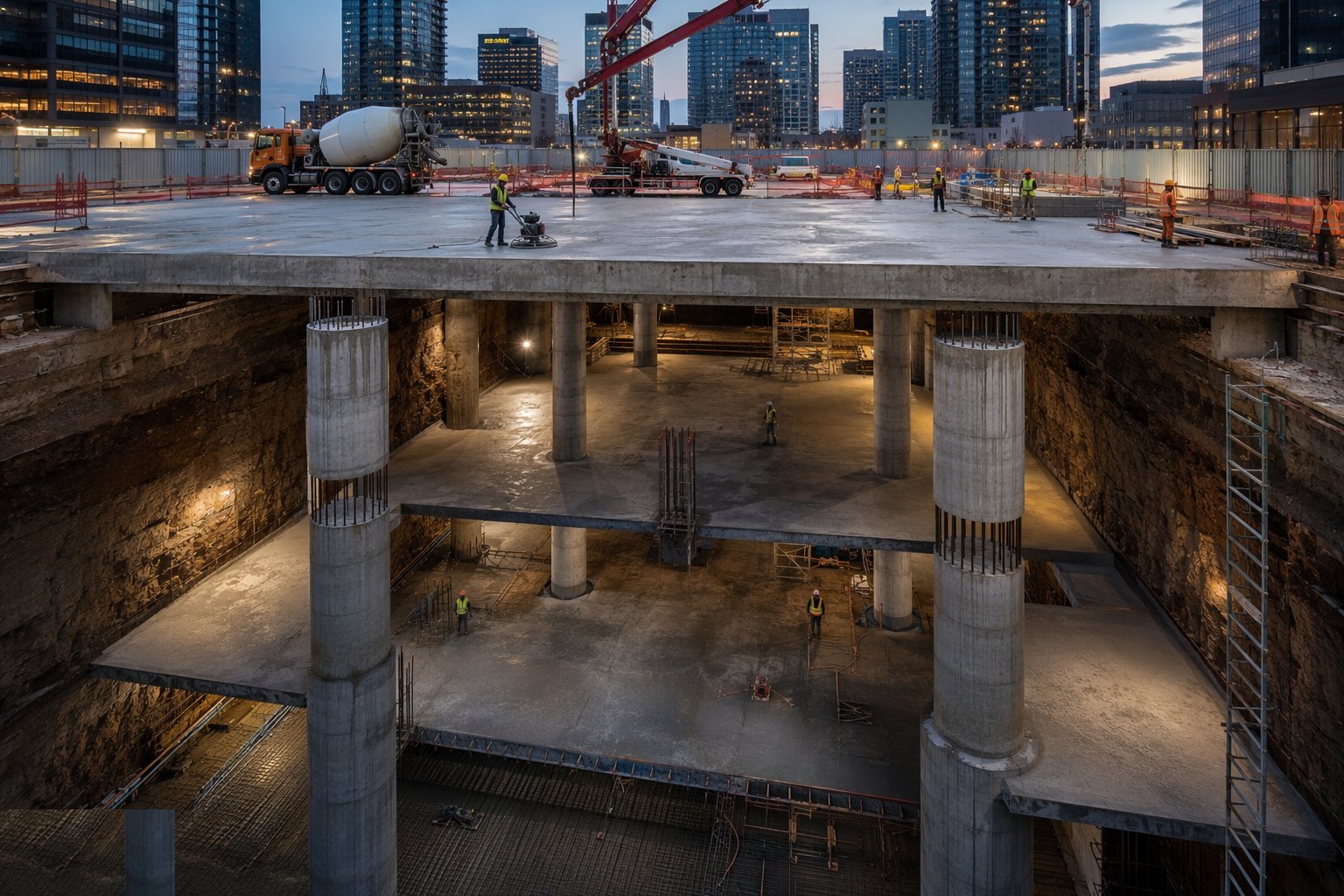 Cast each basement slab in sequence — Top-down construction, step 4