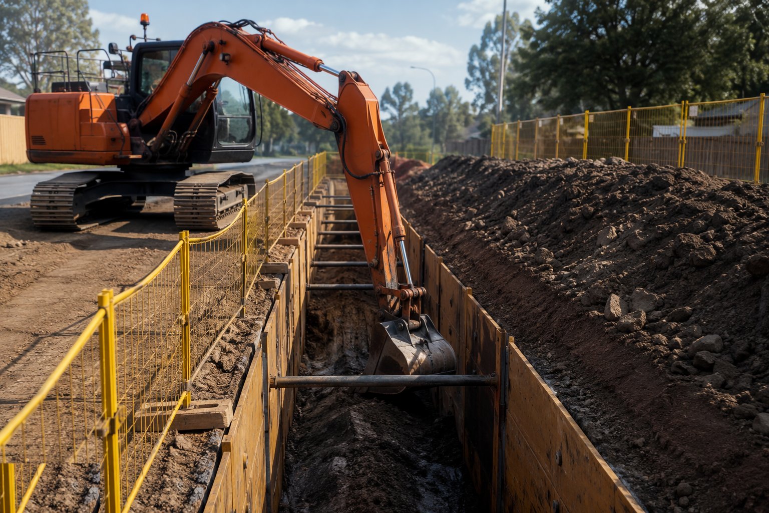 Dig to line with the right bucket — Trench excavation, step 2