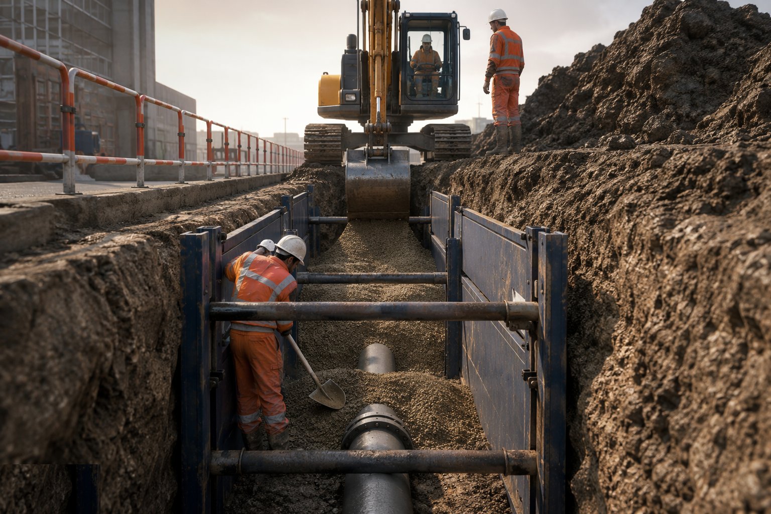 Backfill in layers around what the trench carries — Trench excavation, step 6