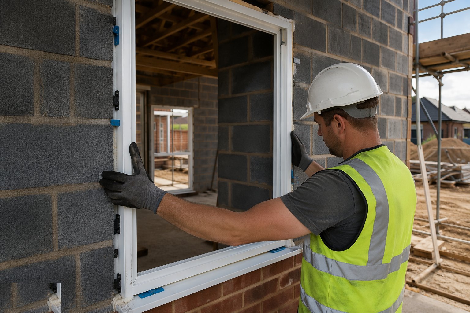 Position, pack and fix the frame square — uPVC windows and doors, step 3