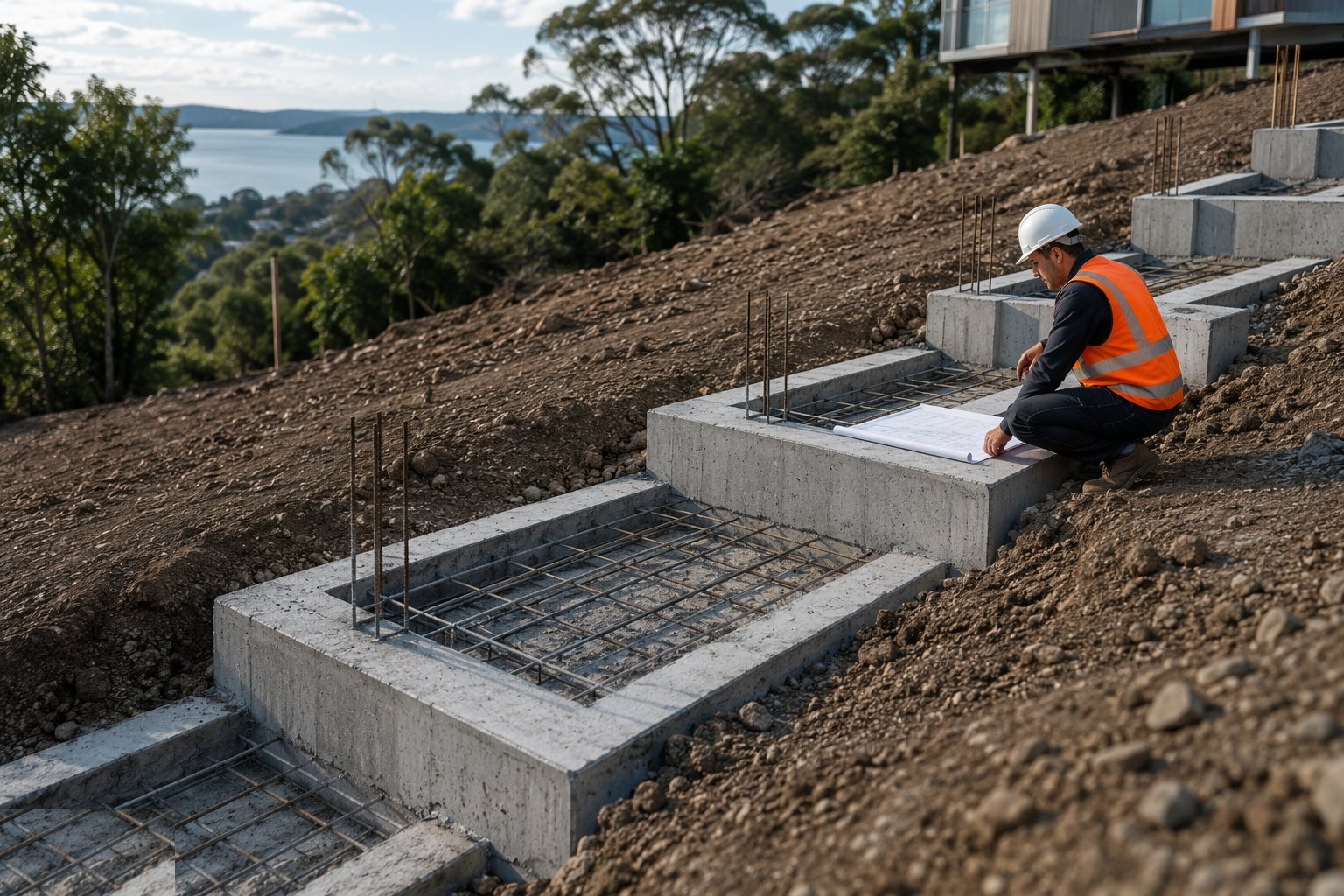 Confirm the widths, steps and reinforcement from the drawing — Wide-strip and stepped foundations, step 1