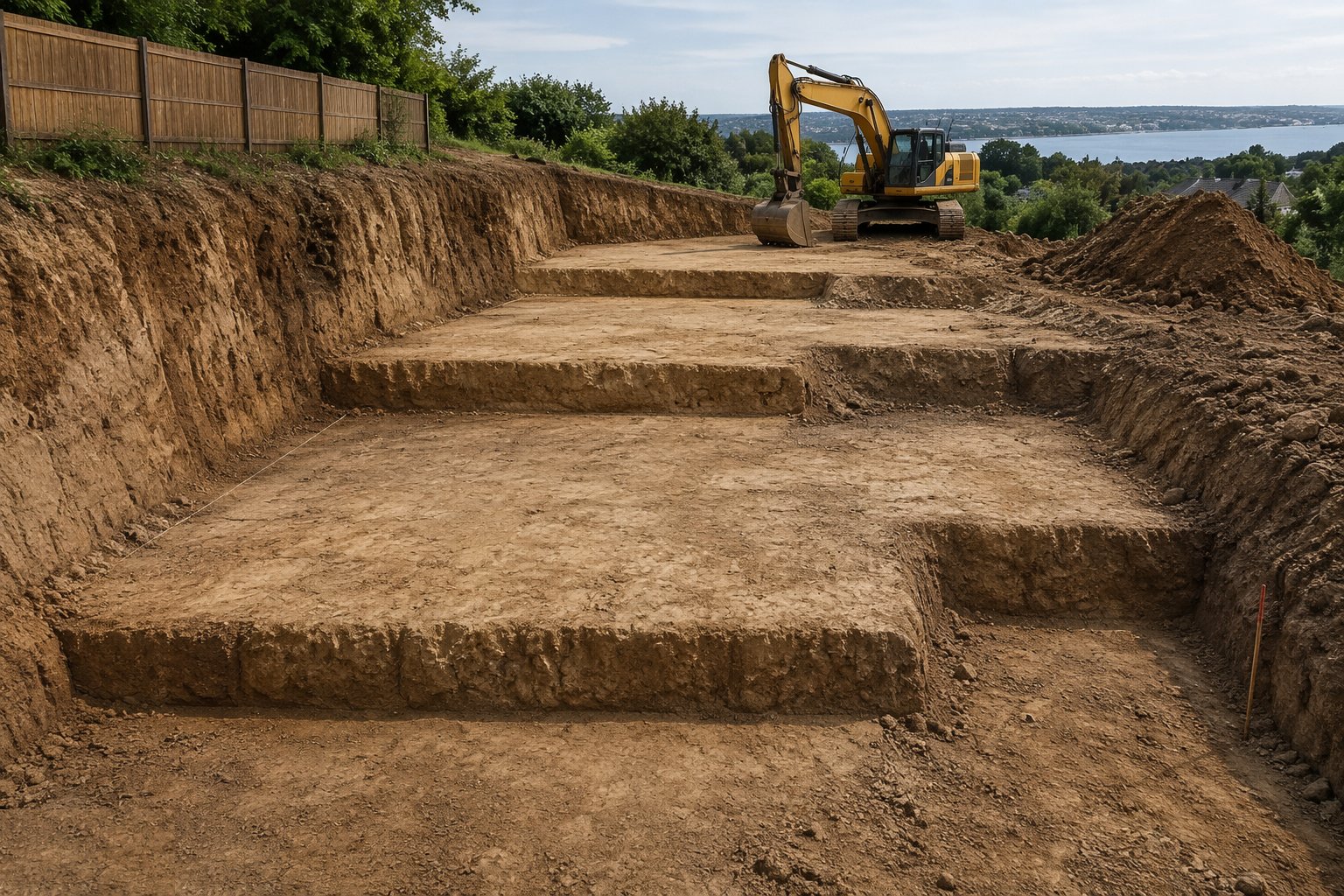 Excavate to the stepped profile — Wide-strip and stepped foundations, step 2