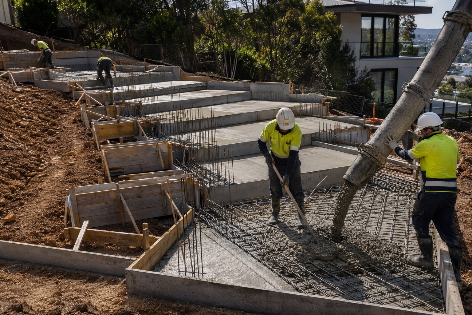 Fix reinforcement and pour in sequence — Wide-strip and stepped foundations, step 4