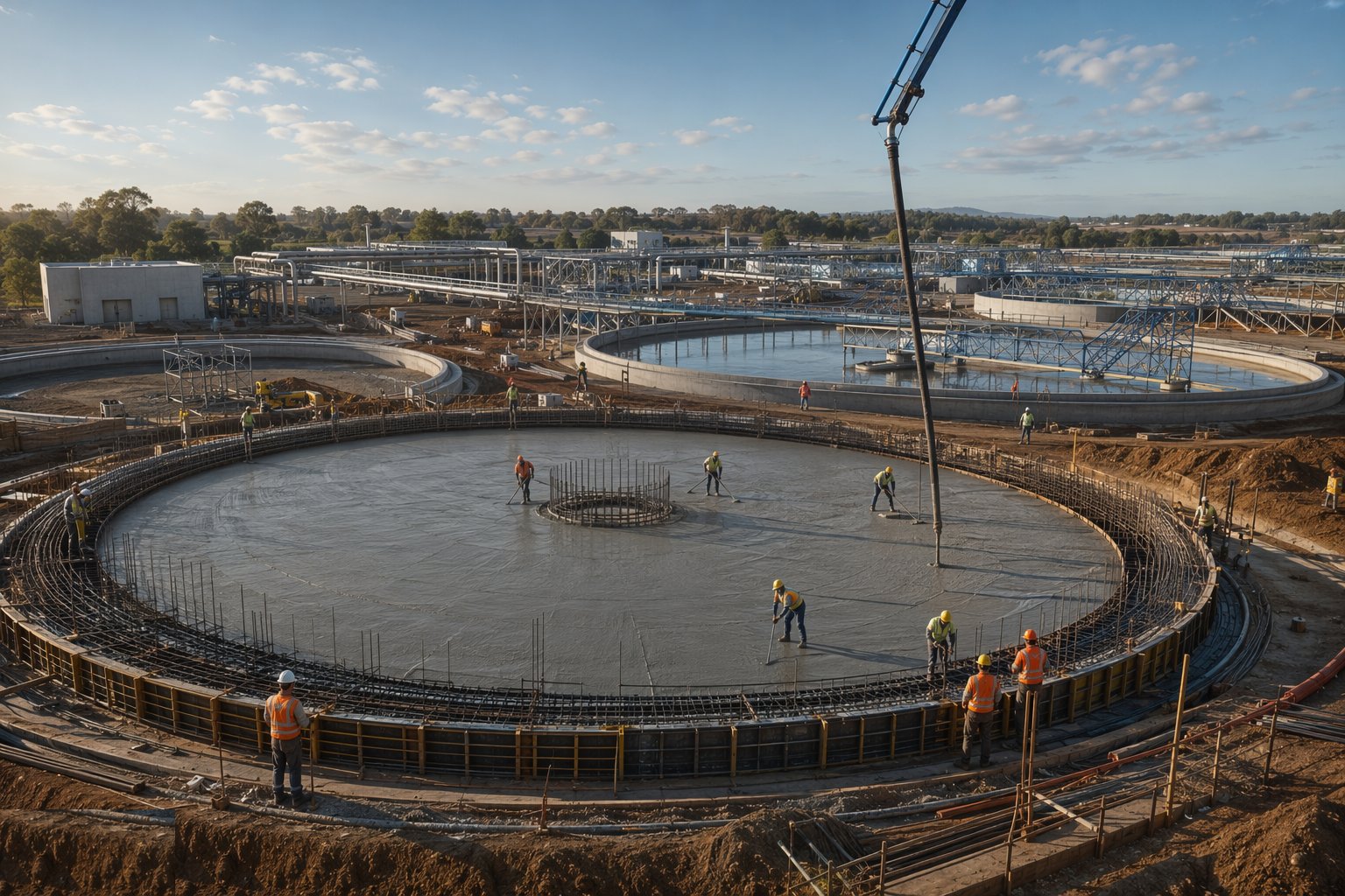 Cast the water-retaining base slabs — Water Treatment Works Construction, step 2