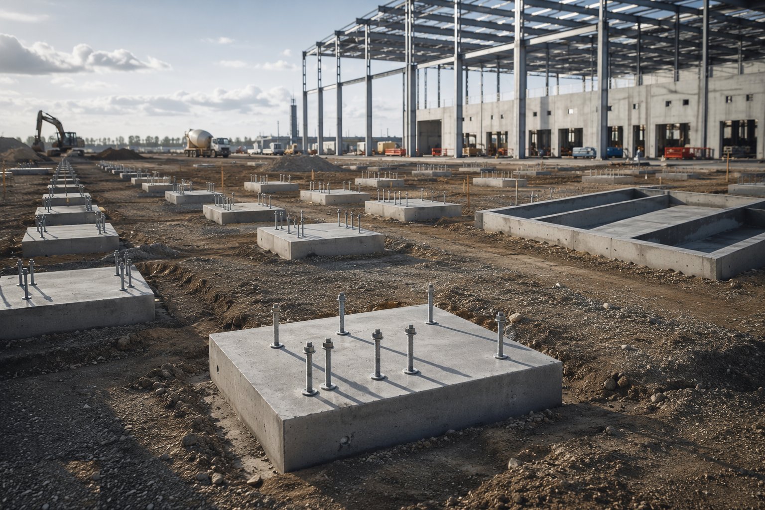 Set out foundations and cast the holding-down bolts — Big-Box Logistics Shed Construction, step 1