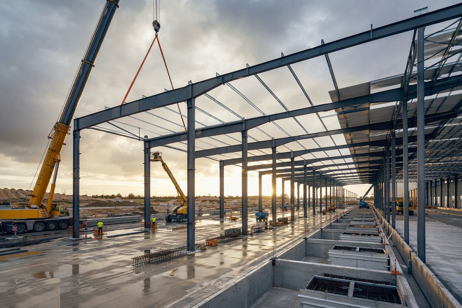 Erect the portal frames bay by bay — Big-Box Logistics Shed Construction, step 2