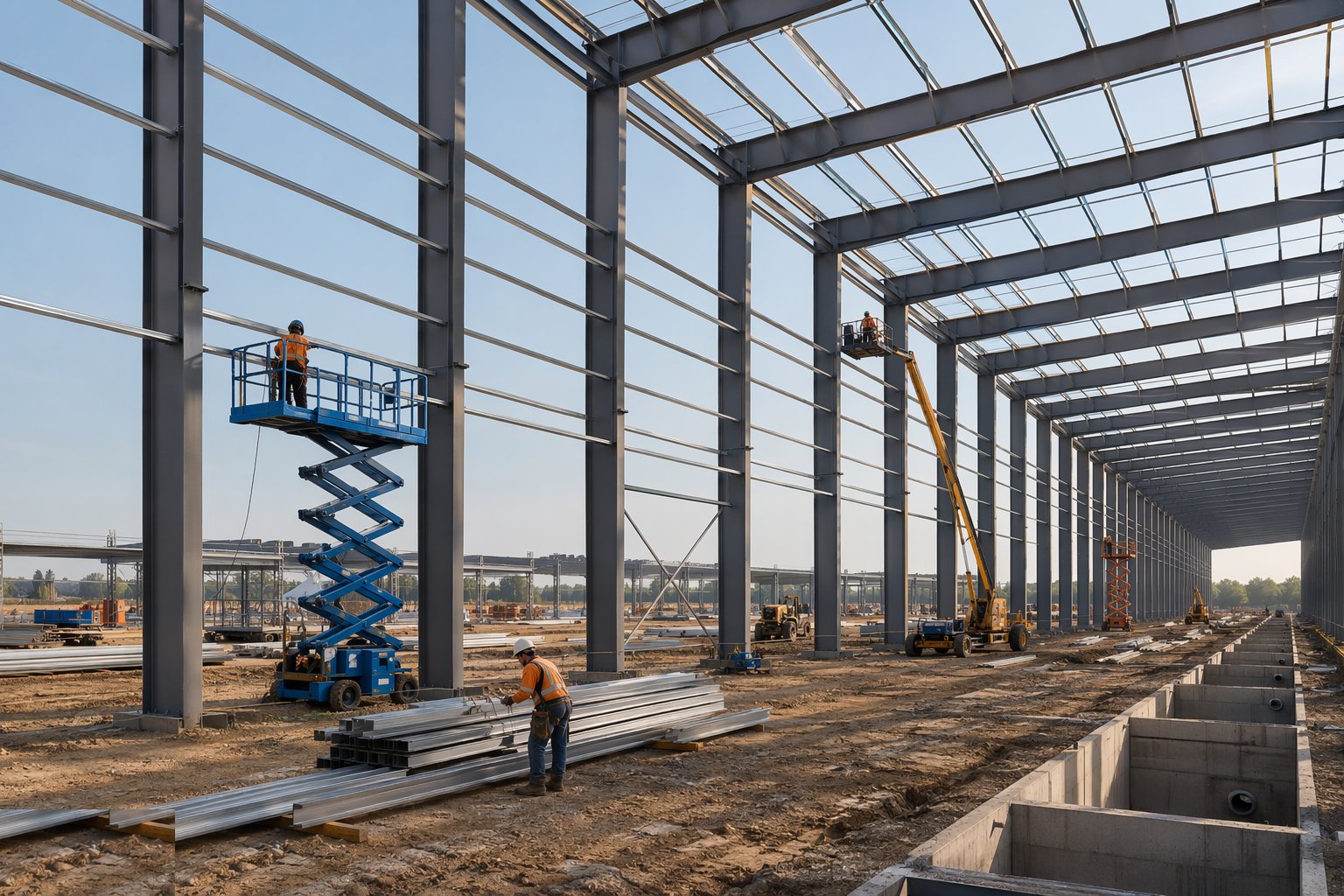 Fix purlins, side rails and secondary steelwork — Big-Box Logistics Shed Construction, step 3