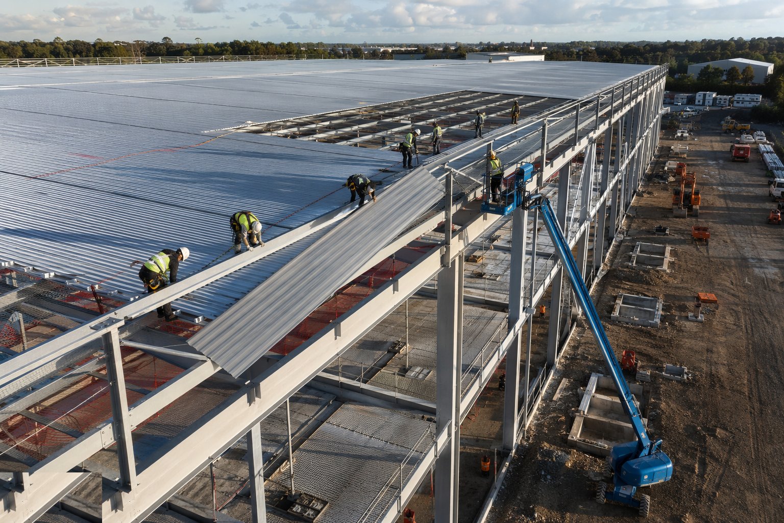 Sheet the roof at pace — Big-Box Logistics Shed Construction, step 4