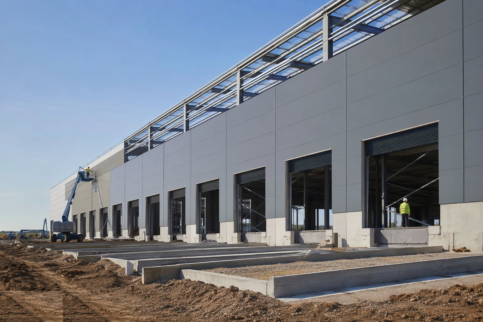 Clad the walls and form the dock openings — Big-Box Logistics Shed Construction, step 5
