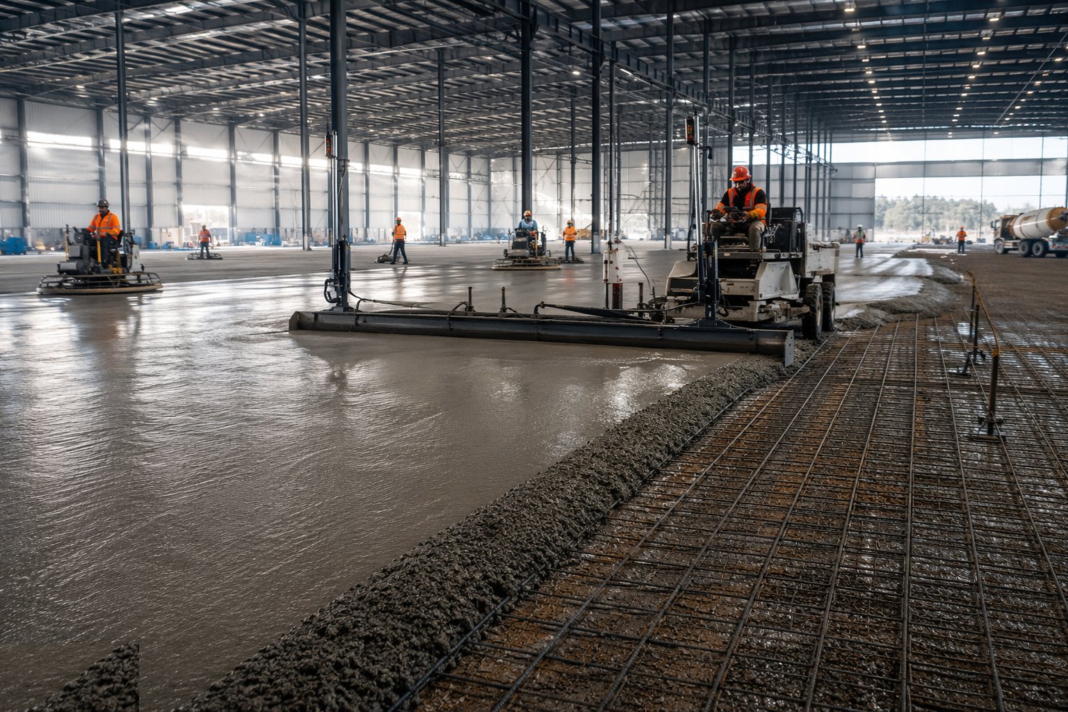 Pour under laser screed control — High-Tolerance Warehouse Floor Slabs, step 3