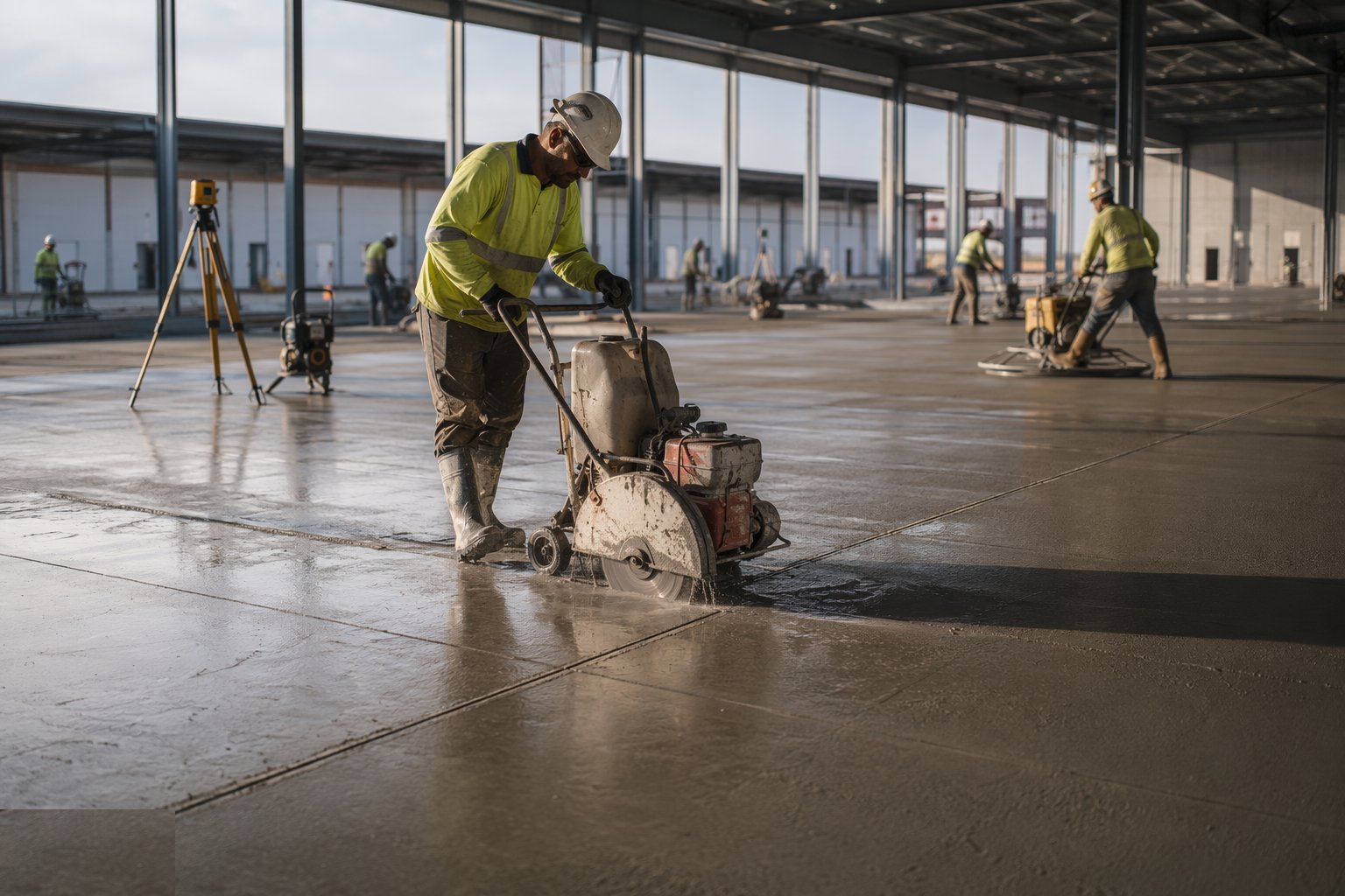 Saw-cut joints inside the window — High-Tolerance Warehouse Floor Slabs, step 5