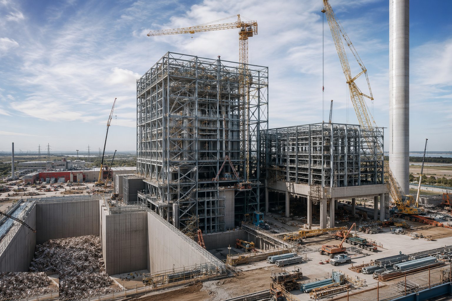 Erect the boiler and turbine halls — Energy-from-Waste Plant Construction, step 3