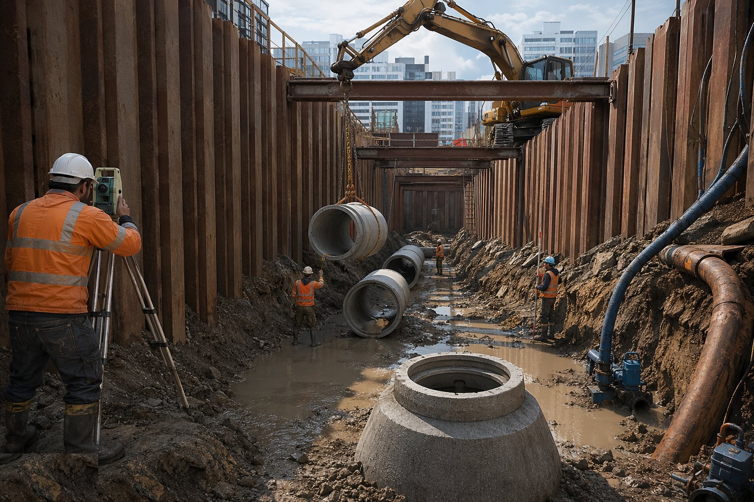 Clear services, set out and prove the levels — Sewer Network Construction, step 1