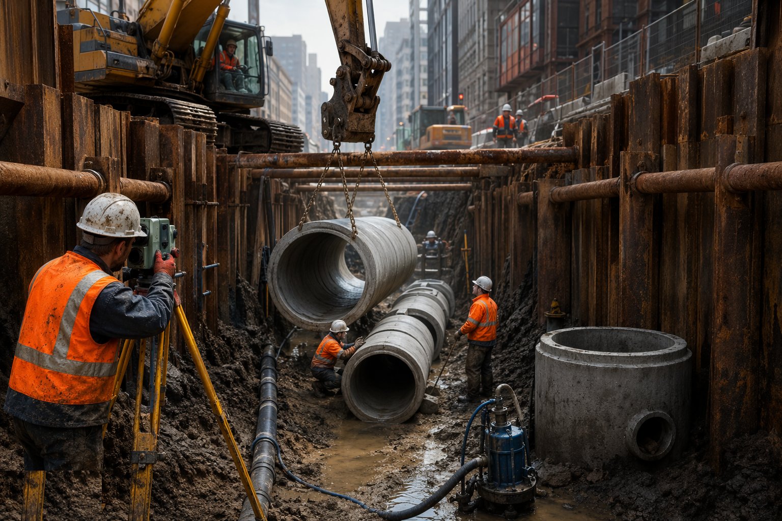 Lay and joint the pipes to line and level — Sewer Network Construction, step 4