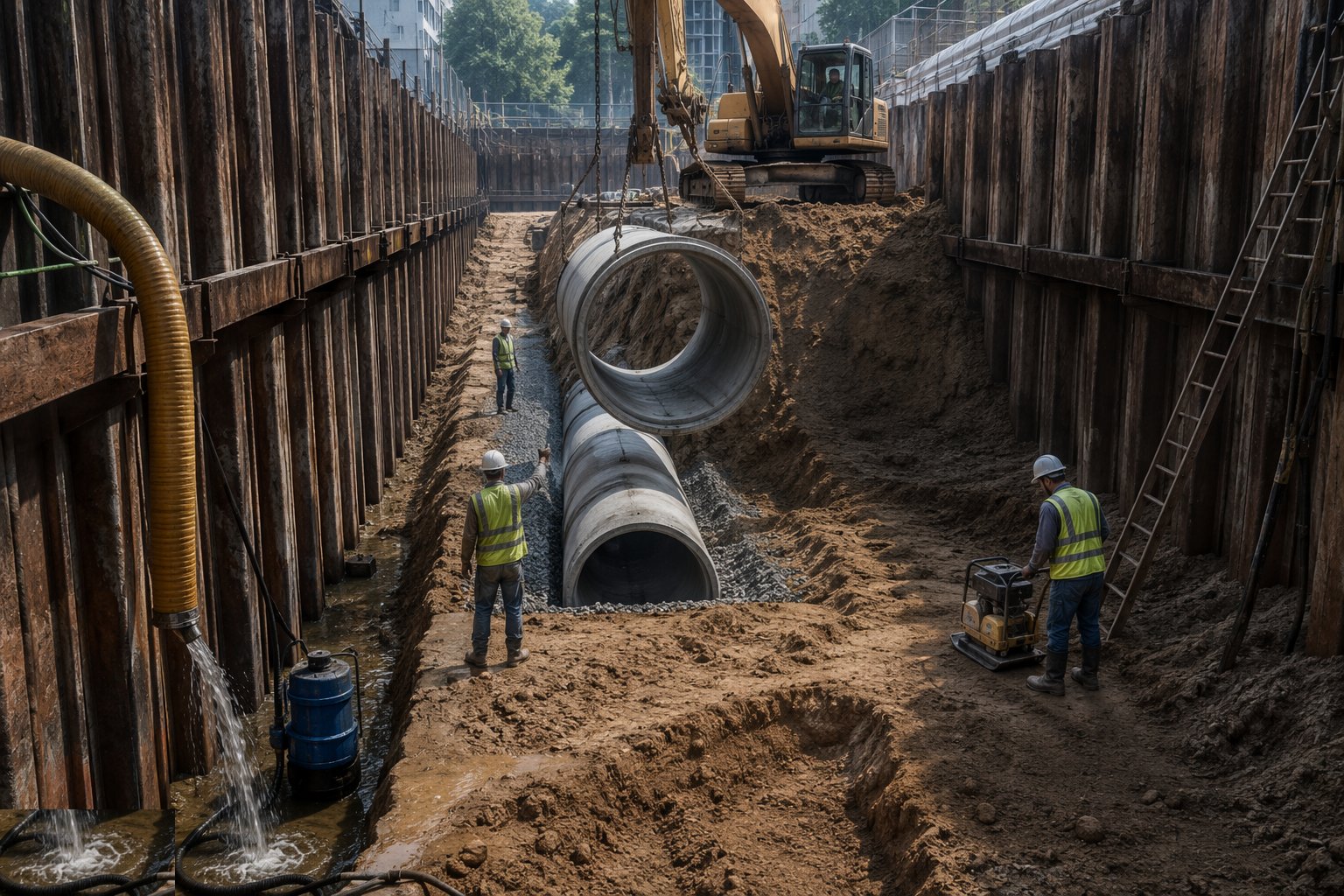 Backfill and compact in layers — Sewer Network Construction, step 6