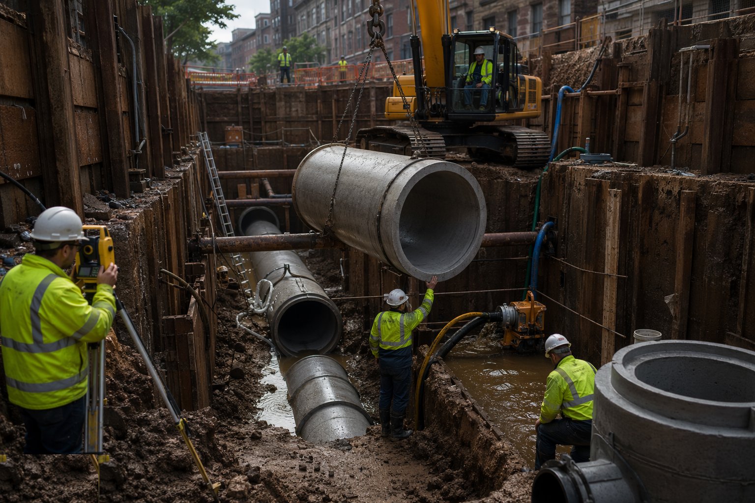Test every length: air or water, then CCTV — Sewer Network Construction, step 7
