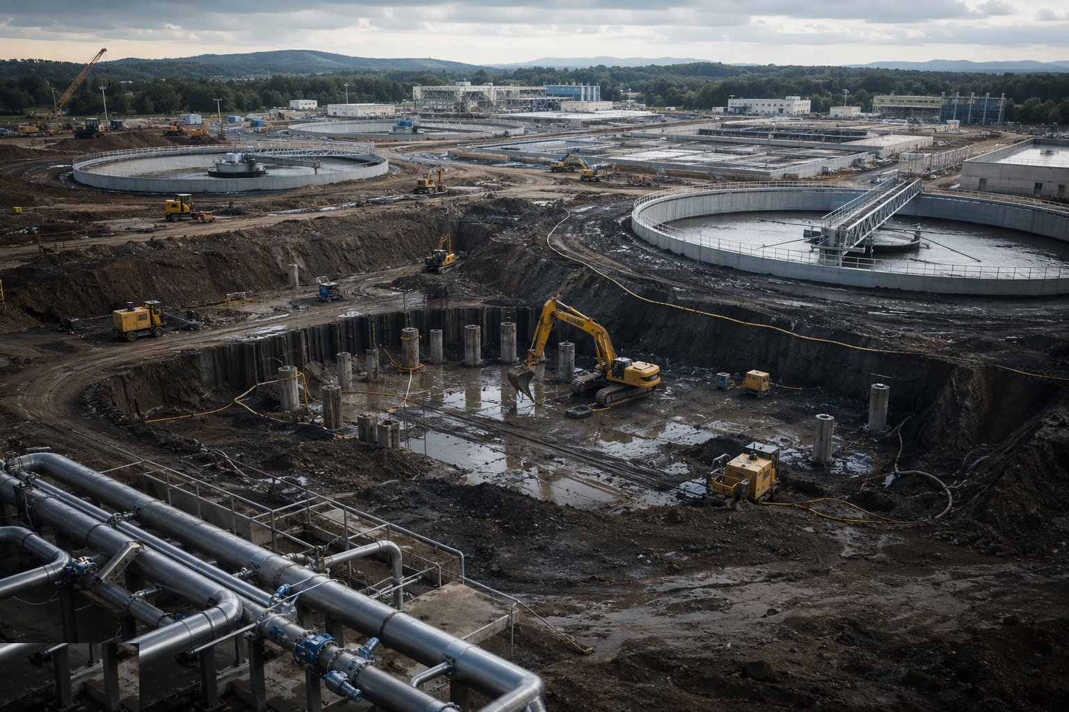 Earthworks, drainage and foundations for the tanks — Wastewater Treatment Works Construction, step 1